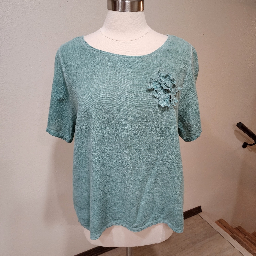 Made in Italy Blouse Top Cotton Linen Blend Crochet Flower Sage Green size Med